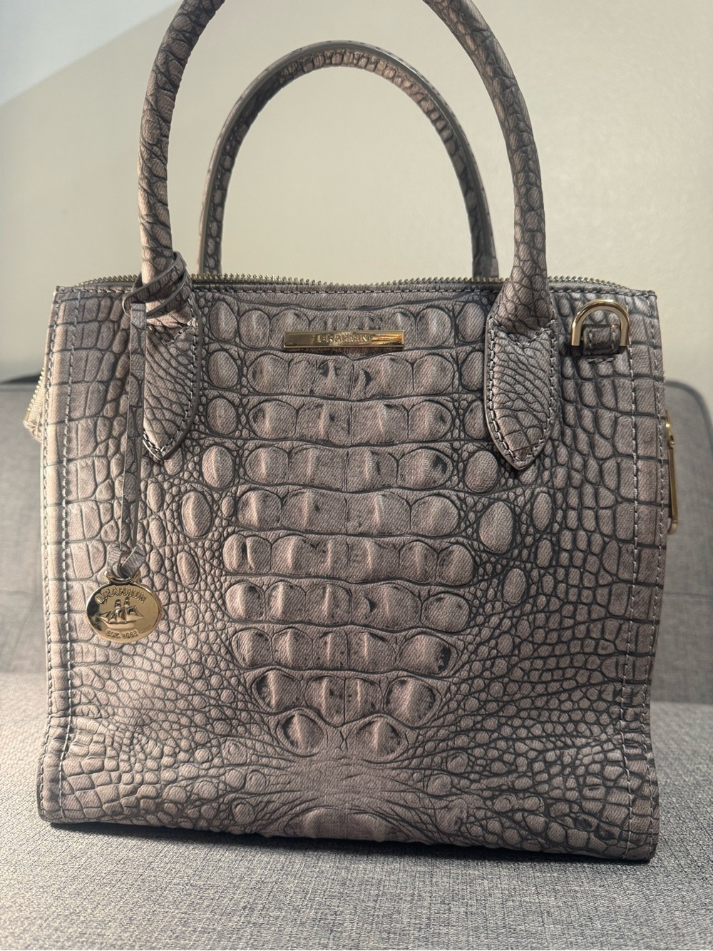 Brahmin Medium Metallic Gray Croc-Embossed  Satchel